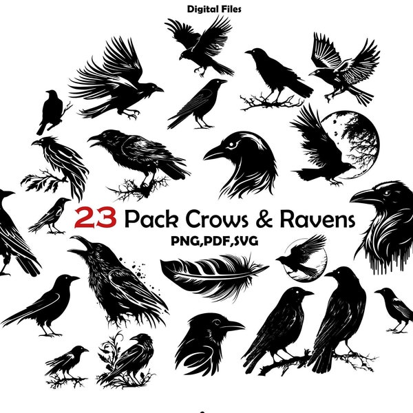 23 Piece CROW & RAVEN  Pack Vector Bundle \ Birds png \ Witchcraft Darkness \ Tattoo stencil \ Cricut \ Sublimation \ diy \ ODIN