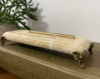 Vintage Solid Stone Pen/Stylus Holder Desk Decor with Brass Elephant Head Feet