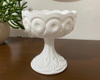 Vintage Fostoria Louise Pattern Milk Glass Compote With Scalloped Edges (Starred Jewel and Sunk Jewel), Vintage Milk Glass Candy Dish