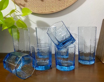 Libbey Facets Blue Textured Heavy Octagonal Glass Old Fashioned and Cooler Cups - Sets of 4