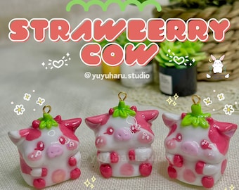 Strawberry Cow Keychain | Handmade Polymer Clay Charm