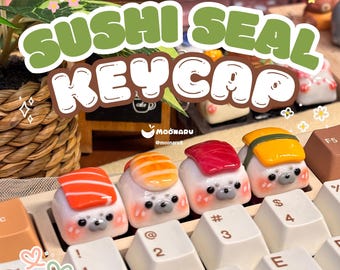 Seal Sushi Keycap Set – Salmon, Tuna, Shrimp & Egg Nigiri Seal Keycaps | Cute Handmade Polymer Clay Artisan Keycap | Mechanical Keyboard