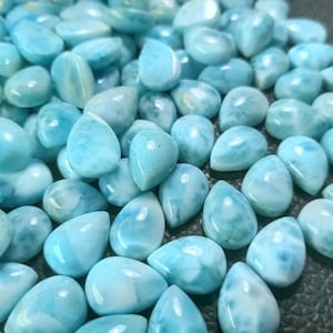 Natural Larimar Cabochon,7x10mm Pear Cab, Semi Precious Loose Gemstone, CALIBRATED Cabochons, Black & Brown Spots At Back Side