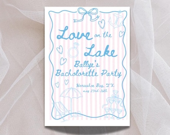 Invitation et itinéraire pour enterrement de vie de jeune fille de <br> Profitez-en ! Modèle modifiable de soirée bach du week-end sur le lac | Invitation de voyage rose et bleue pour filles |
