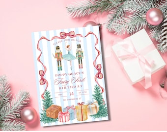 May include: A blue and white striped invitation with a pink ribbon border. The invitation is for Poppy Grace's Fairy First Birthday. The invitation features a watercolor illustration of a ballerina and two nutcracker soldiers.