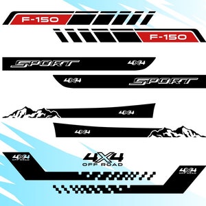 May include: Black and white decal stickers for a car. The stickers feature the text "F-150", "SPORT", and "4X4 OFF ROAD".
