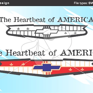 May include: A black and white graphic design featuring a stylised car emblem with the text "The Heartbeat of AMERICA" above and below the emblem. The emblem features a blue and white bowtie design with red and white accents.