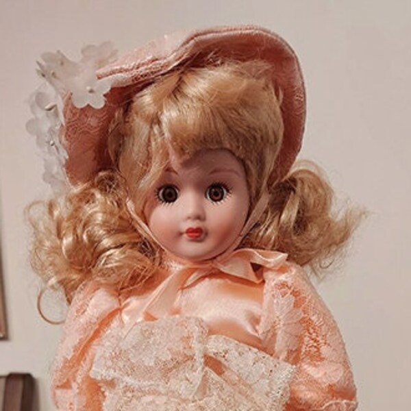 Cute Victorian Style Porcelain Collectible Doll, Brown Eyes, Blond Hair, Elegant Formal Pink Formal Dress & Matching Hat.