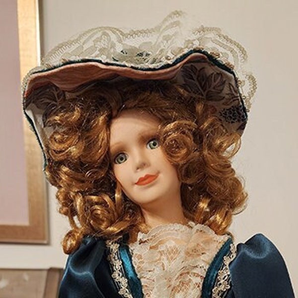 Victorian Style Porcelain Collectible Doll, Green Eyes, Auburn Curled Hair, Elegant Formal Dress, Matching Hat & Purse, Lace Accents