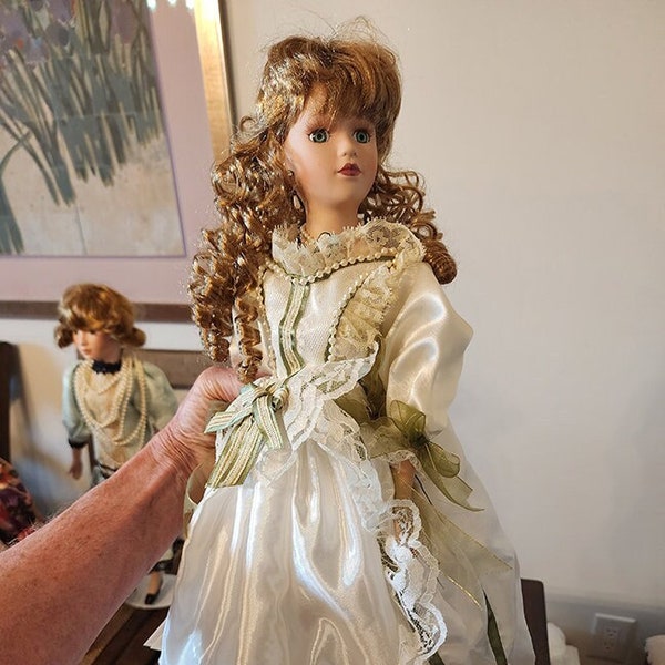 Victorian Style Collectible Doll with Green Eyes, Auburn Curled Hair, Elegant Formal Dress with Rose, Pearl & Cameo Style Choker Necklace.