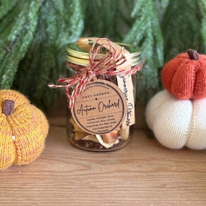 May include: A clear glass jar filled with dried potpourri, topped with a gold metal lid and tied with red and white twine. A round tan paper tag features the text Hazy Harbor, Autumn Orchard, and a list of ingredients including apples and cloves.
