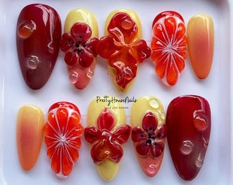 Unique Amber Floral Nails Set, Orchid Flower Press On Nails Almond, Adorable 3D Nail Art, Fresh False Nails For Summer-Autumn, Fruit Nails.