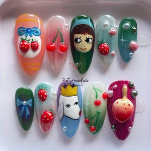 Uñas de almendras con cerezas, personajes adorables, uñas postizas Nara hechas a mano, uñas de dibujos animados, Yoshitomo Nara, uñas japonesas