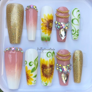 Sunflower Press On Nails, Floral Glue On Nails, Summer Nails, Fake Acrylic Nails, Festive False Nails, Long Coffin Nails, Nails Art Set.