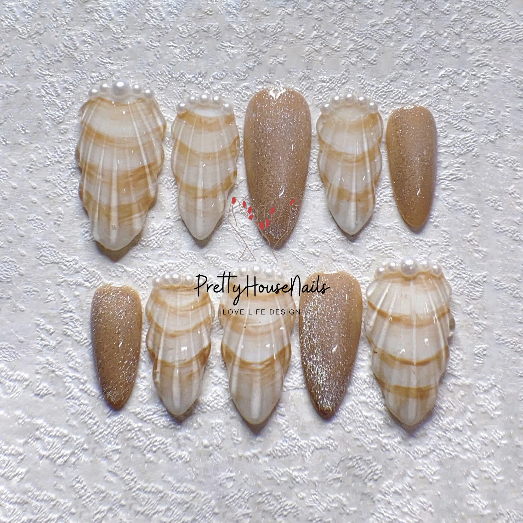 Pearl Shell Press On Nails, benutzerdefinierte Mandel Nagel-Set, künstliche Nägel, Trendige Nägel, Ocean Nägel, Urlaubsnägel, Kleber auf den Nägeln, Sommer Trendy Nägel