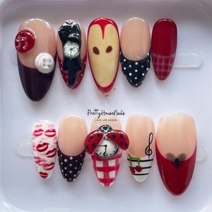 Hand Painted Press On Nails, Red Black Cute Nail Art, Almond Nails with Ladybug, Music, Clock Design, Unique Handmade Nail Tips Gift for Her