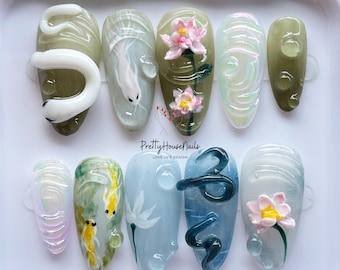 Uñas postizas esculpidas con forma de loto y serpiente, arte de uñas chino con loto, serpiente blanca, pez, uñas asiáticas de moda, uñas para fiestas de té, Año Nuevo, regalo