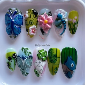 Unique Custom Nail Set with Studio Ghibli-Inspired Designs, My Neighbor Totoro Press On Nails, Totoro Nails, Anime Nails, Cartoon Nails.