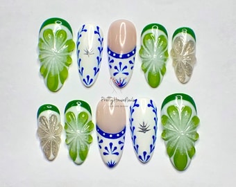 New Green Lemon Press On Nails | Custom Almond Nails | Summer Nails Set| Crystal Nails Art |Silver Grass Accents & Glitter On Fake Nails.