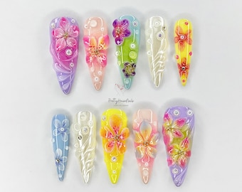 Sunset Tropical Floral Nails Set | Orchid Flower Press On Nails Stiletto| Adorable 3D Nail Art | Fresh False Nails For Summer | Gift for her