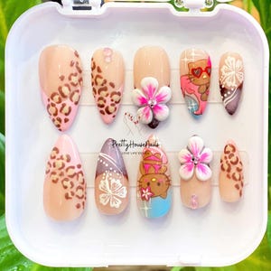Fun Beach Inspired Press On Nails, Ocean Almond Nail Set with Handmade Cute Kitty, Flowers, Cheetah, Summer Nails, Gift for Beach Wedding.