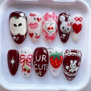 Sweet Valentine Press On Nails, Hand-painted Almond Nail Set with Lips, Strawberry, Spring Nails, Miffy Nail, Funny Party/Holiday Nail, Gift