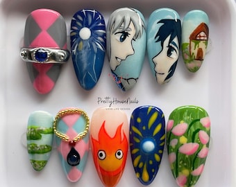 Ongles à presser animés Moving Castle Howl's, décorations d'ongles faites main Studio Ghibli, anime kawaii mignon, ensemble d'ongles 3D personnalisés, cadeau pour les fans