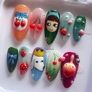 Uñas postizas Nara hechas a mano, diseño de almendras con cerezas, personajes adorables, uñas de dibujos animados, Yoshitomo Nara, uñas japonesas
