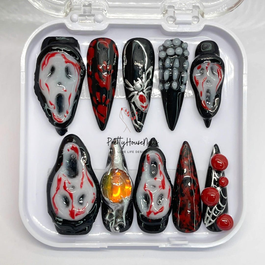 Haunted Face Press on Nails Long Stiletto, Handpainted Scary Halloween