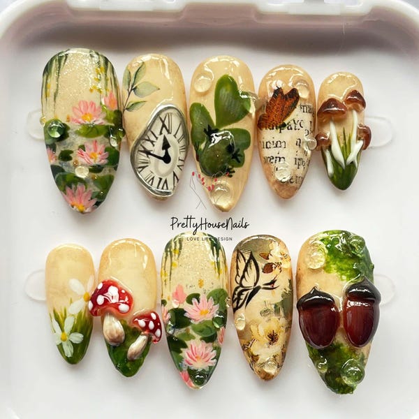 Hand-Painted Cottagecore Press On Nails, Mushrooms, Lotus Flowers, Frog & Vintage Clock Nail Set, Fall Nail Art, Thanksgiving Fake Nails.