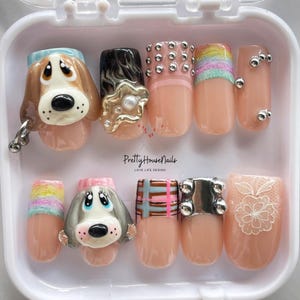 Uñas postizas con diseño de perro en 3D, uñas de cachorro hechas a mano, uñas de dibujos animados Kawaii, uñas postizas personalizadas, juego de uñas hecho a mano, regalo para amantes de los perros.