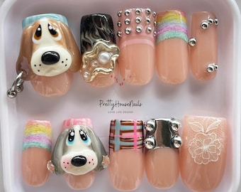 3D Dog Nail Art Press On Nails, Cute Handmade Puppy Nails, Kawaii Cartoon Nails, Custom Fake Nails, Handmade Nail Set Gift for Dog Lovers.