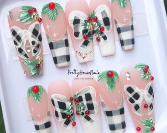 Uñas postizas con lazo navideño pintado a mano, diseño de uñas de ataúd largo con muérdago, arte festivo de uñas navideñas, uñas navideñas, regalo