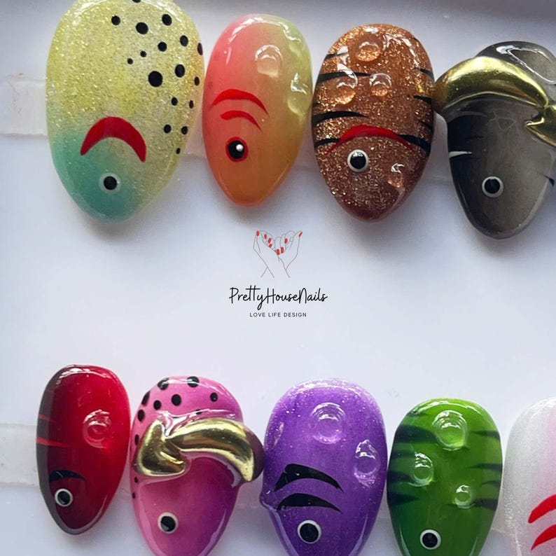 fish nail art, ocean theme nails, colorful press on, cute fake nails, kawaii nail set, summer nail design, handmade press on, festival nail art, fun nail designs, aquatic nail set, quirky fake nails, rainbow press on, unique nail art, holiday nails, party nails, short oval nails