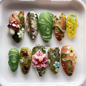 Fairy Garden Press On Nails with 3D Ochirds, Red Ladybug, Handmade Elegant Mushroom, Green Almond Nail Set, Custom Dreamy Fake Nails, Gift.