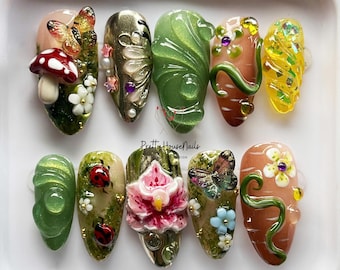 Unhas postiças Fairy Garden com orquídeas 3D, joaninha vermelha, cogumelo elegante feito à mão, conjunto de unhas verdes amêndoa, unhas postiças personalizadas e sonhadoras, presente.