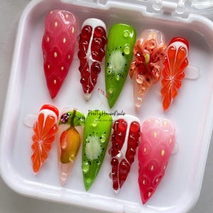 Handcrafted Fruit-Inspired Nail Art with Vibrant Strawberry, Kiwi, Mango, Long stiletto Nail Set, Summer Nails, Holiday/Party Nails, Gifts.