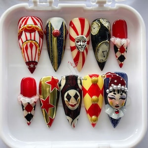Unique Circus Clown Press On Nails, Handmade 3D Costume False Nails, Harlequin Carnival Nail Art, Perfect for Cosplay/Prom, Gift for her.