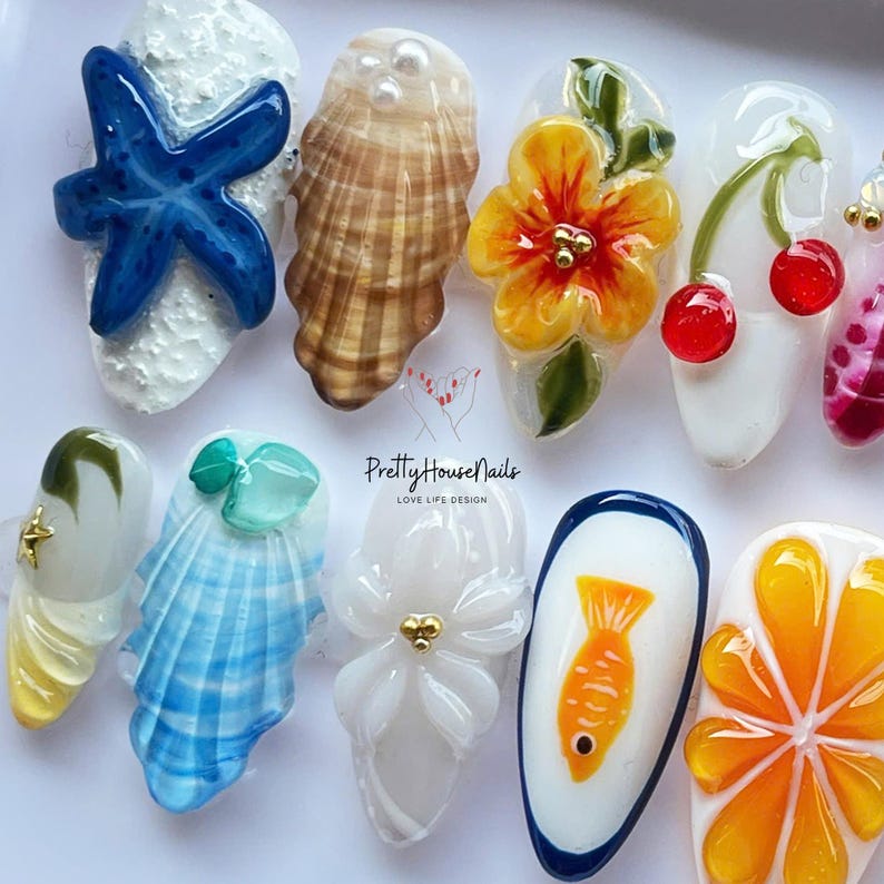 Tropical Nail Art, Beach Theme Nails, Ocean Nail Designs, Seashell Nails, Starfish Nail Art, Press on Nails, 3D Nail Art, Summer Nail Set, Floral Nail Designs, Unique Nail Set, Custom Nails, Vacation Nails, Holiday Nails