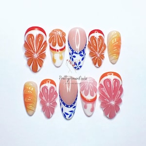 Fresh Orange Almond Press On Nails | Glitter Nails Set |Summer Ready Crystal Nails |Tropical Nails Art |  Handcrafted Fake Nails | Gel Nails