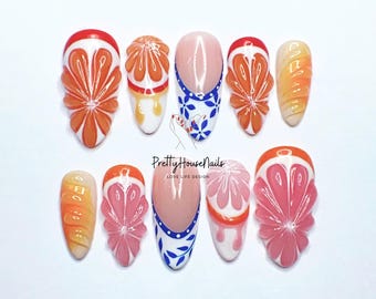 Fresh Orange Almond Press On Nails | Glitter Nails Set |Summer Ready Crystal Nails |Tropical Nails Art |  Handcrafted Fake Nails | Gel Nails