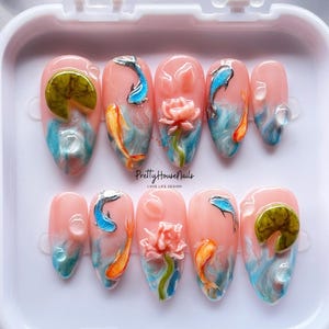 Koi Fish Nail Art Press On Nails with Lotus Flower, Handmade 3D Pond Design, Custom False Nails for Gift or Special Occasion, Summee Nails.