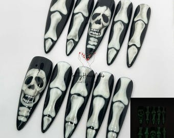 Glow in the Dark Halloween Press On Nails, Spooky Skull Nails XL Long Stiletto, Witch Nails, Halloween Fake Nails, Unique Impress Nail Style