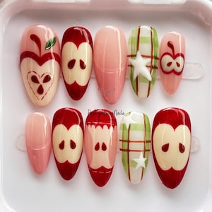 Garden Apple Press On Nails, Hand-painted Almond Nail Set with Fruit, Star, Unique Summer Nails, Funny Party/Holiday/Vacation Nails, Gifts.