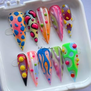 abstract press nails, colorful press nails, 3d art nails, y2k press on nails, funky nail art, handmade press ons, unique nail set, art press on nails, statement nails, custom press nails, designer nails, bold nail design, creative nails