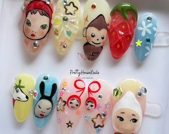 Yoshitomo Nara Almond Nail Set, Handmade Japanese Nails, Custom