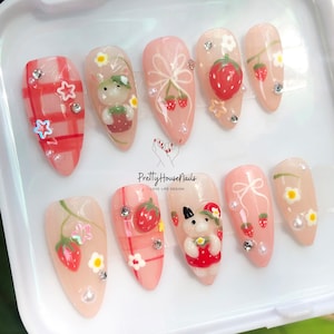 Handmade Pink Press-On Nails with Adorable Miffy and Strawberry Designs, Valentine’s Almond Nails, Reusable Nail Set for a Fun, Stylish Look