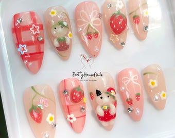 Handmade Pink Press-On Nails with Adorable Miffy and Strawberry Designs, Valentine’s Almond Nails, Reusable Nail Set for a Fun, Stylish Look