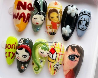 Unique Yoshitomo Nara Press on Nails, Handmade Japanese Fake Nail