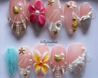 Uñas postizas con diseño de almendras y flores 3D, juego de uñas de verano, uñas postizas de concha hechas a mano para vacaciones, cumpleaños, fiestas, regalo para ella.